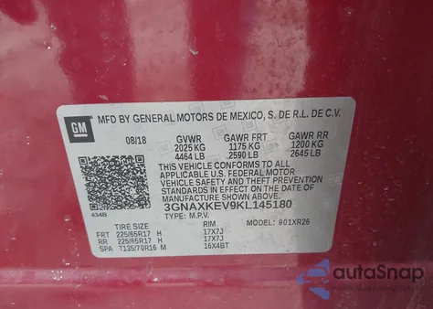 2019 Chevrolet Equinox Lt z USA, uszkodzony, nr VIN 3GNAXKEV9KL145180